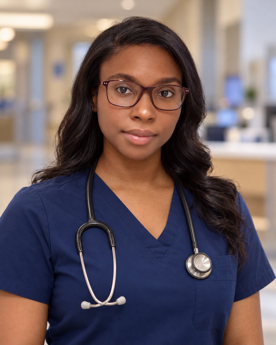 Portrait of Shedale Robinson-Rainford, RN, in navy scrubs with a stethoscope